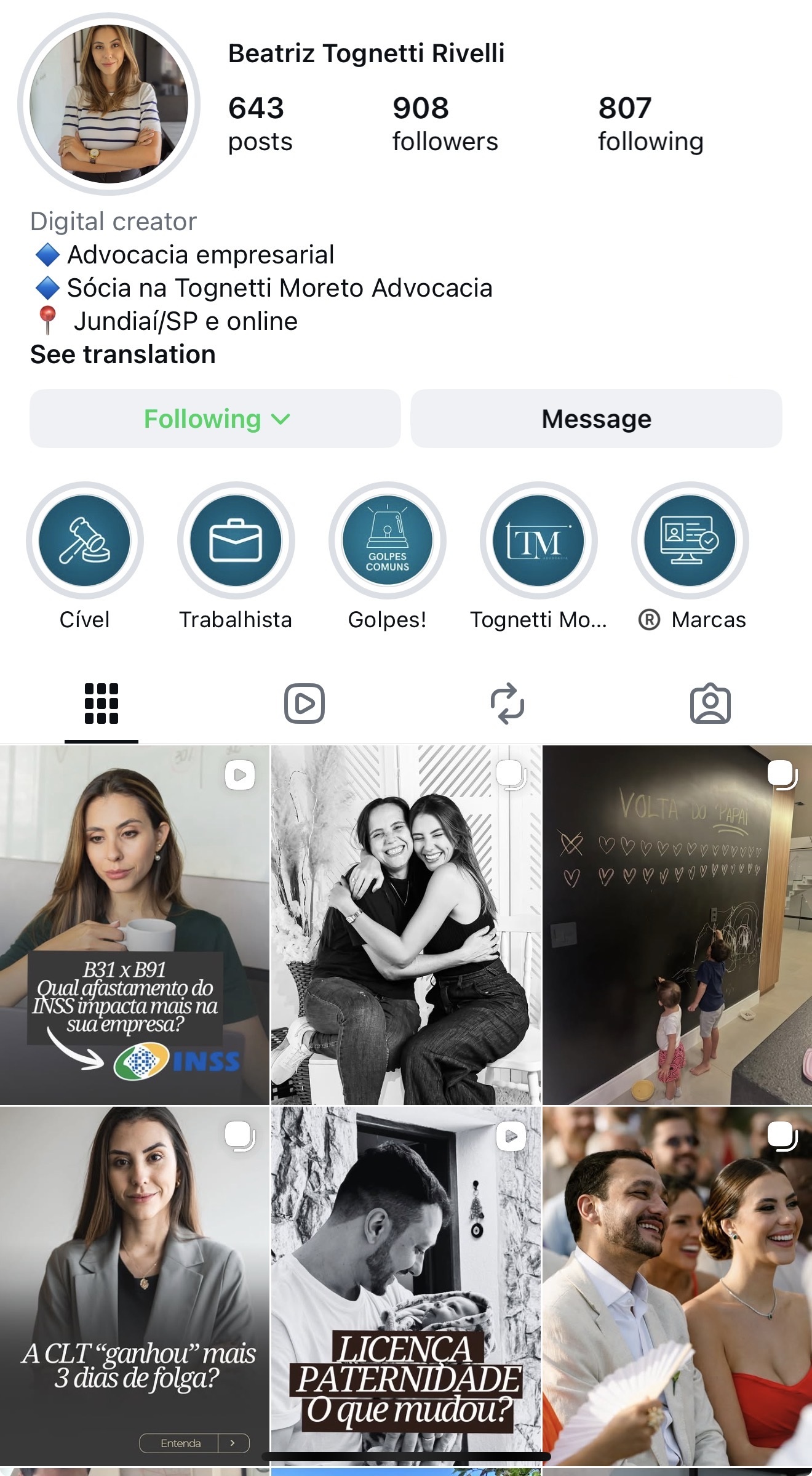 Perfil do Instagram de Beatriz Tognetti no celular
